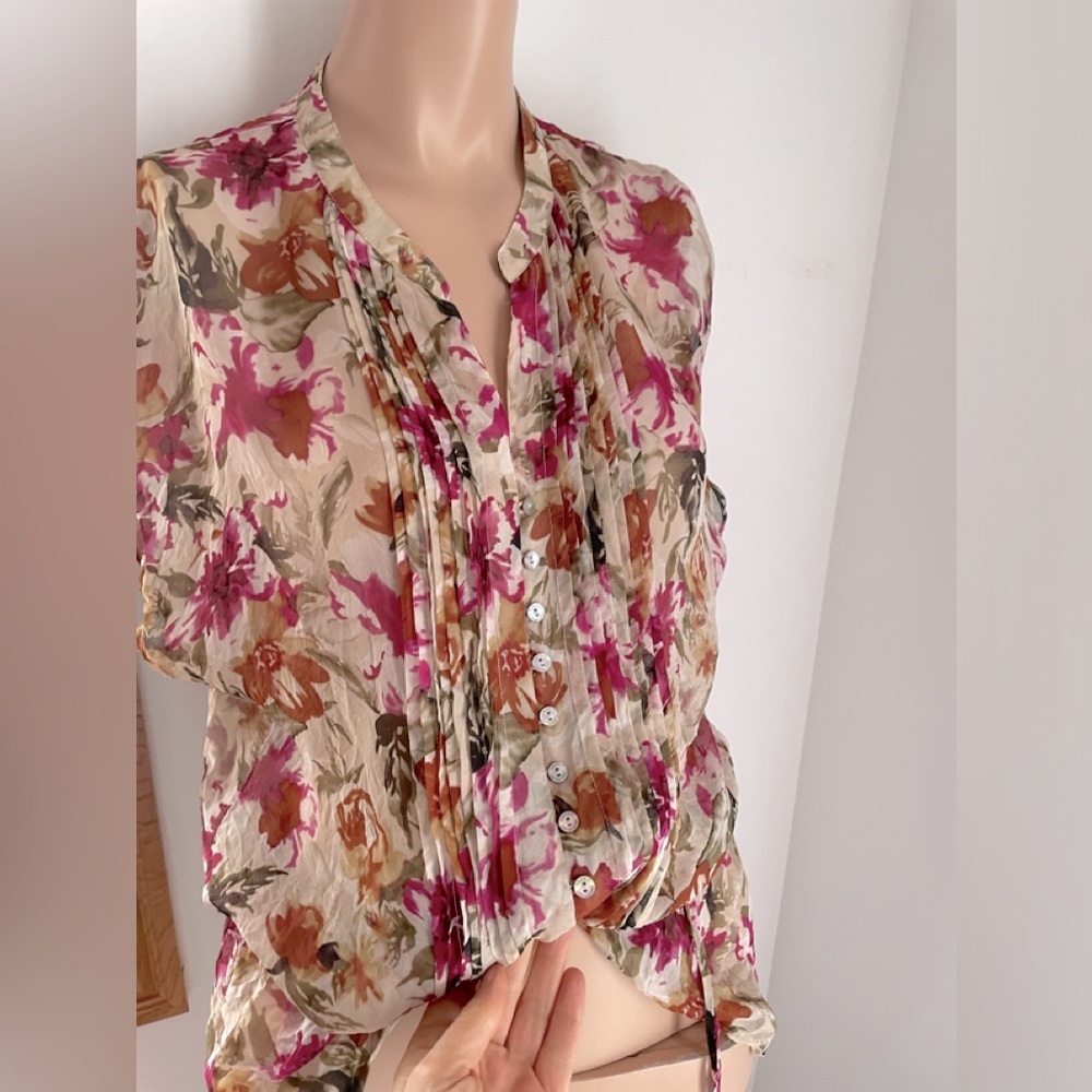 Vintage 21”PTP silk floral top with cinch tie vintage Esprit